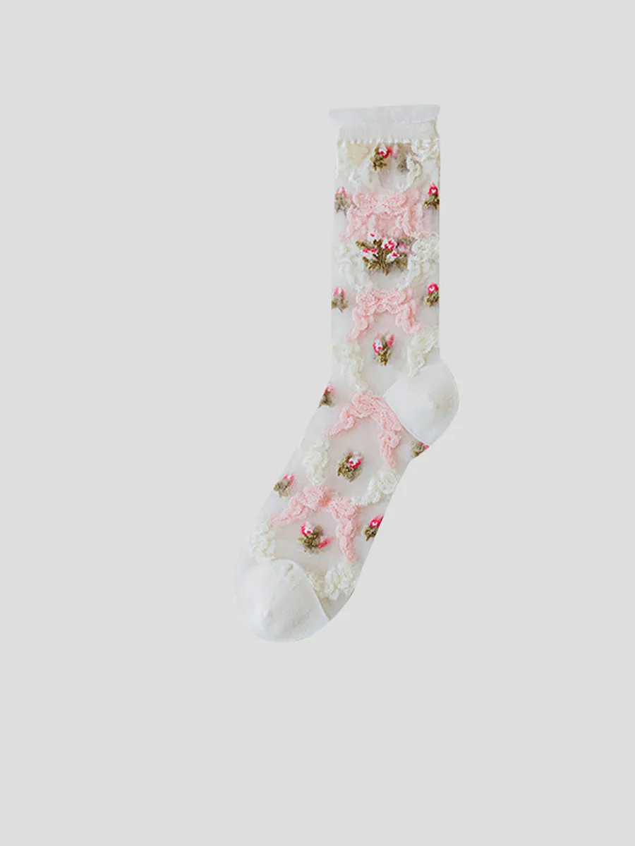 3 Pairs Summer Artsy Flower Jacquard Mid-calf Thin Socks