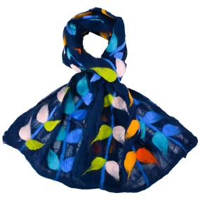 Blue Hand Felted Leaf Design Scarf