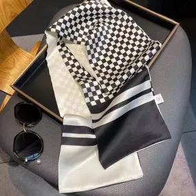 Luxury Design Black White Checkerboard Silk Feel Skinny Scarf 15*150