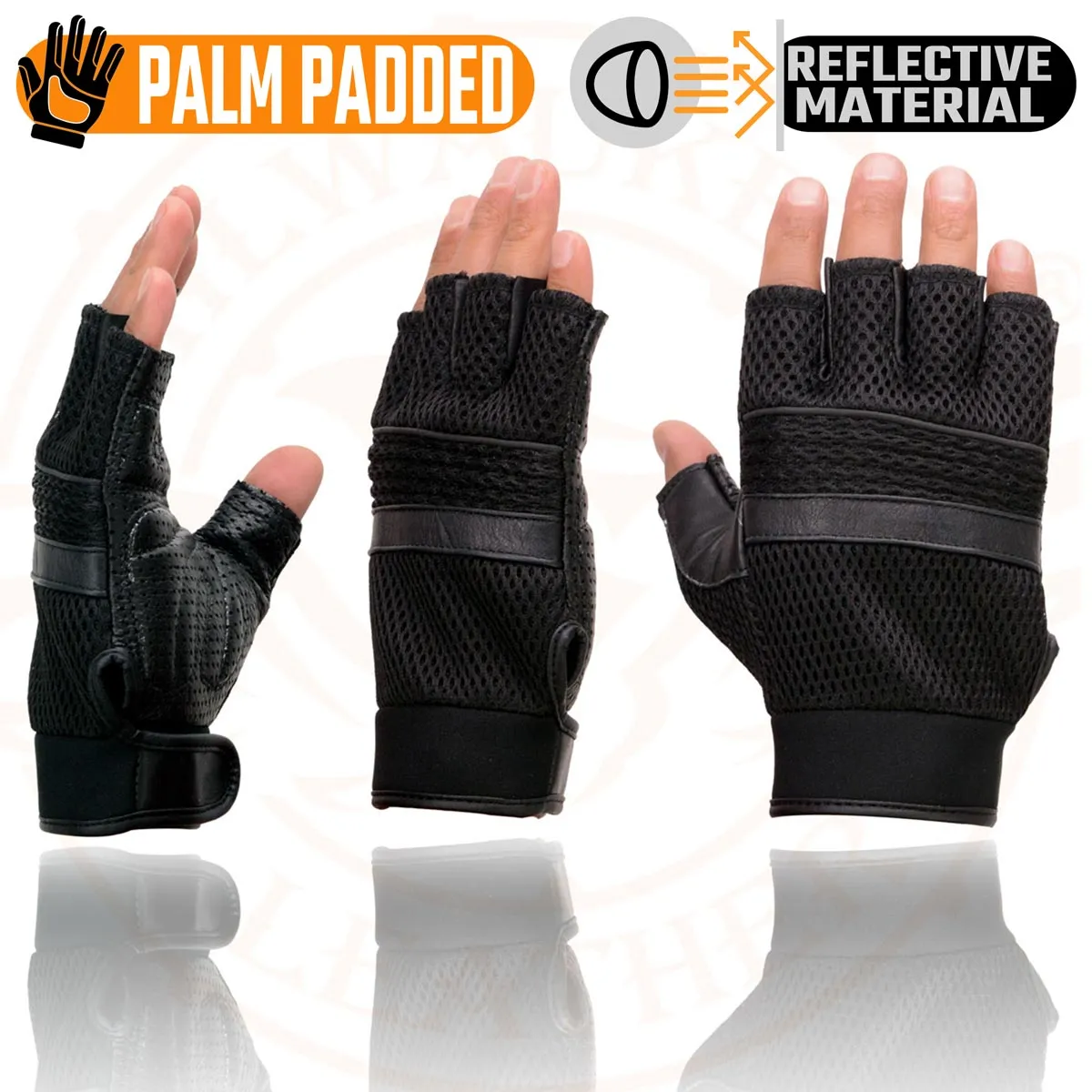 Milwaukee Leather MG7504 Men's Black Perforated Mesh Gel Palm Fingerless Motorcycle Hand Gloves W/ ‘Reflective Piping’