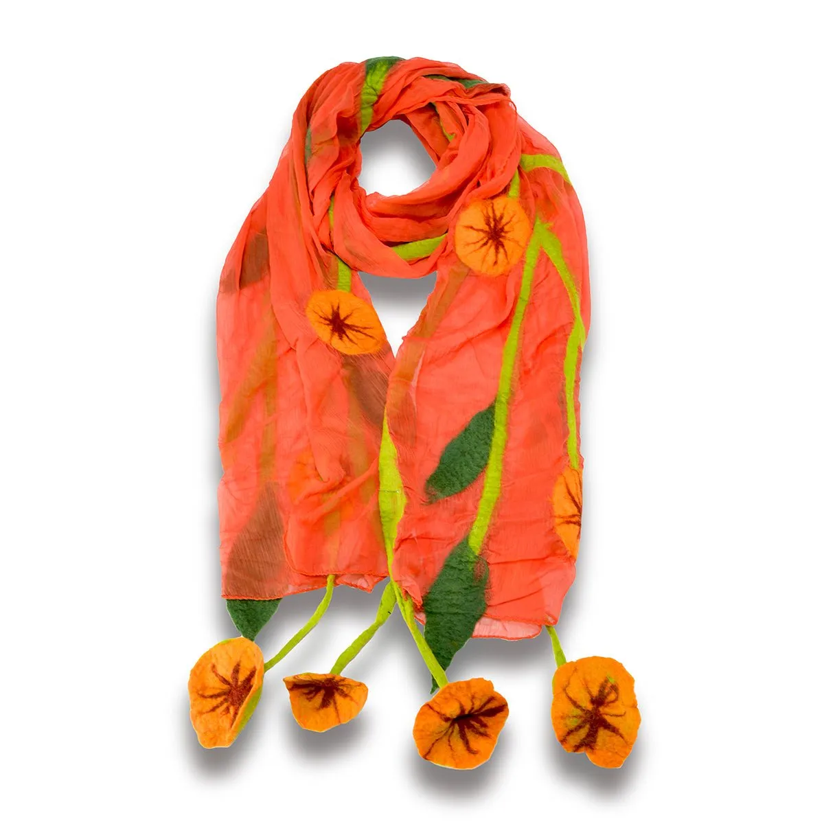 Orange Chiffon Scarves with Felted Flower Hanging