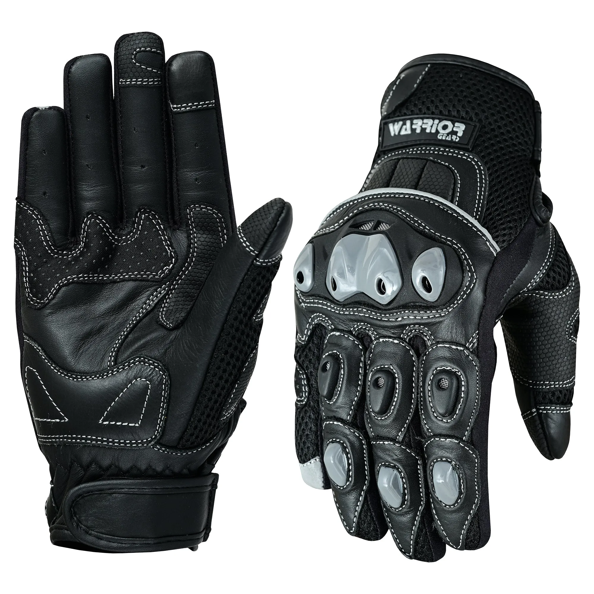 Warrior Gears Mens Motorcycle Summer Air Mesh Protection Genuine Cowhide Leather Gloves-Black