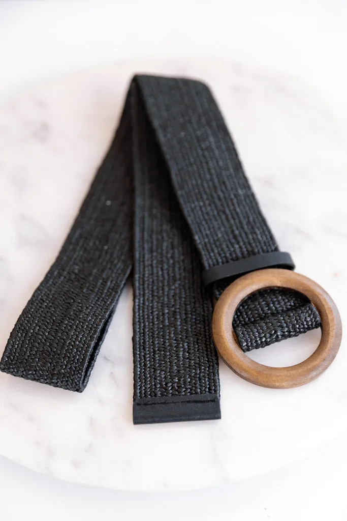 Woven Belt w/ Wood Buckle, Black