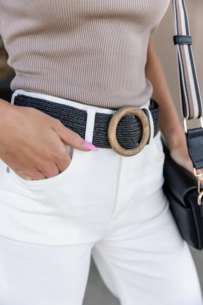 Woven Belt w/ Wood Buckle, Black