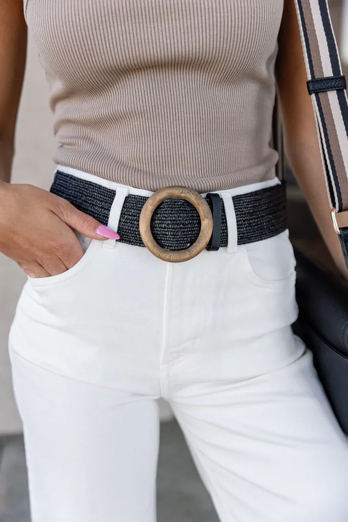 Woven Belt w/ Wood Buckle, Black