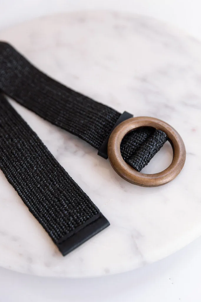 Woven Belt w/ Wood Buckle, Black